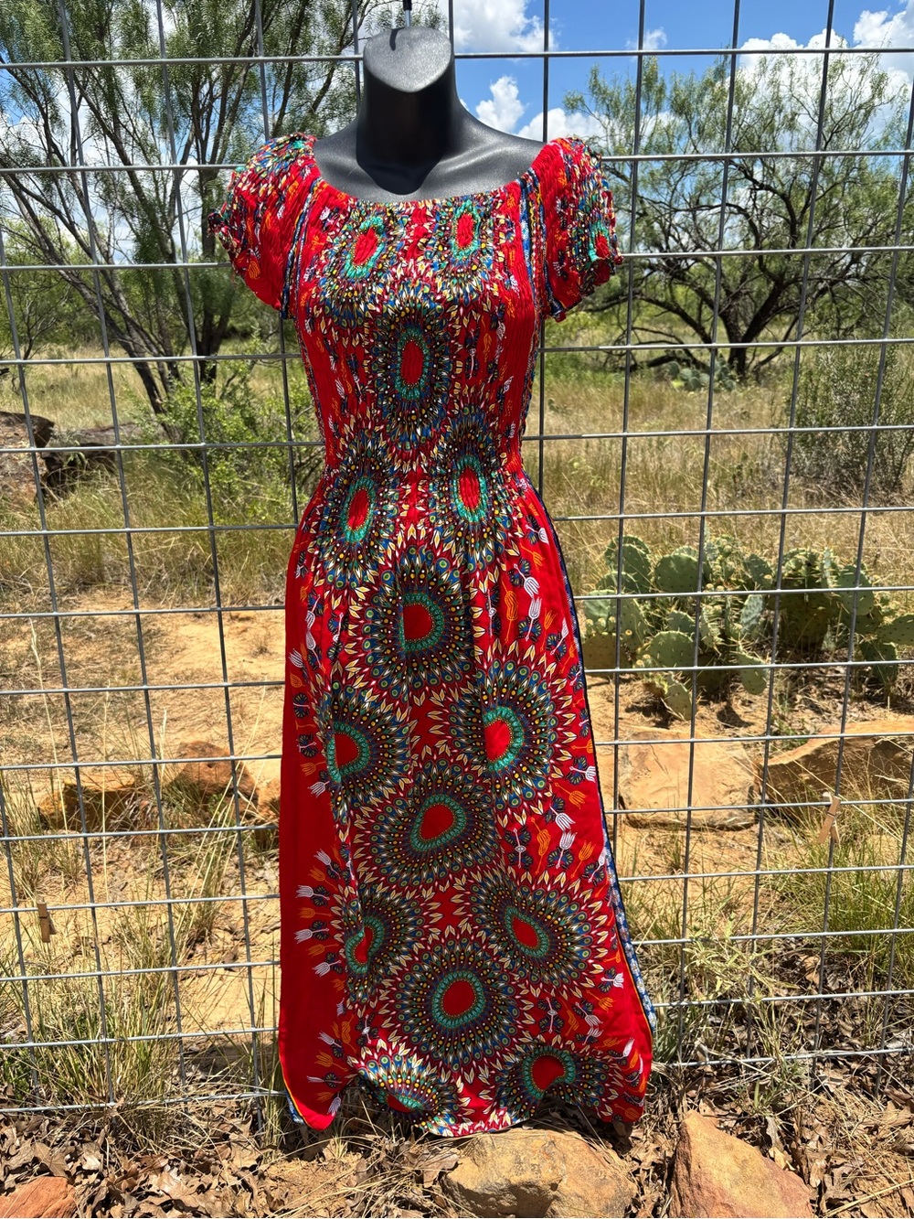 Red Printed Boho Maxi Dress with Green Accents